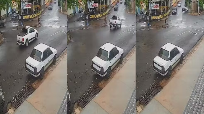 Homem quase foi atropelado por caminhonete, em Tupã — Foto: Reprodução/Câmera de segurança