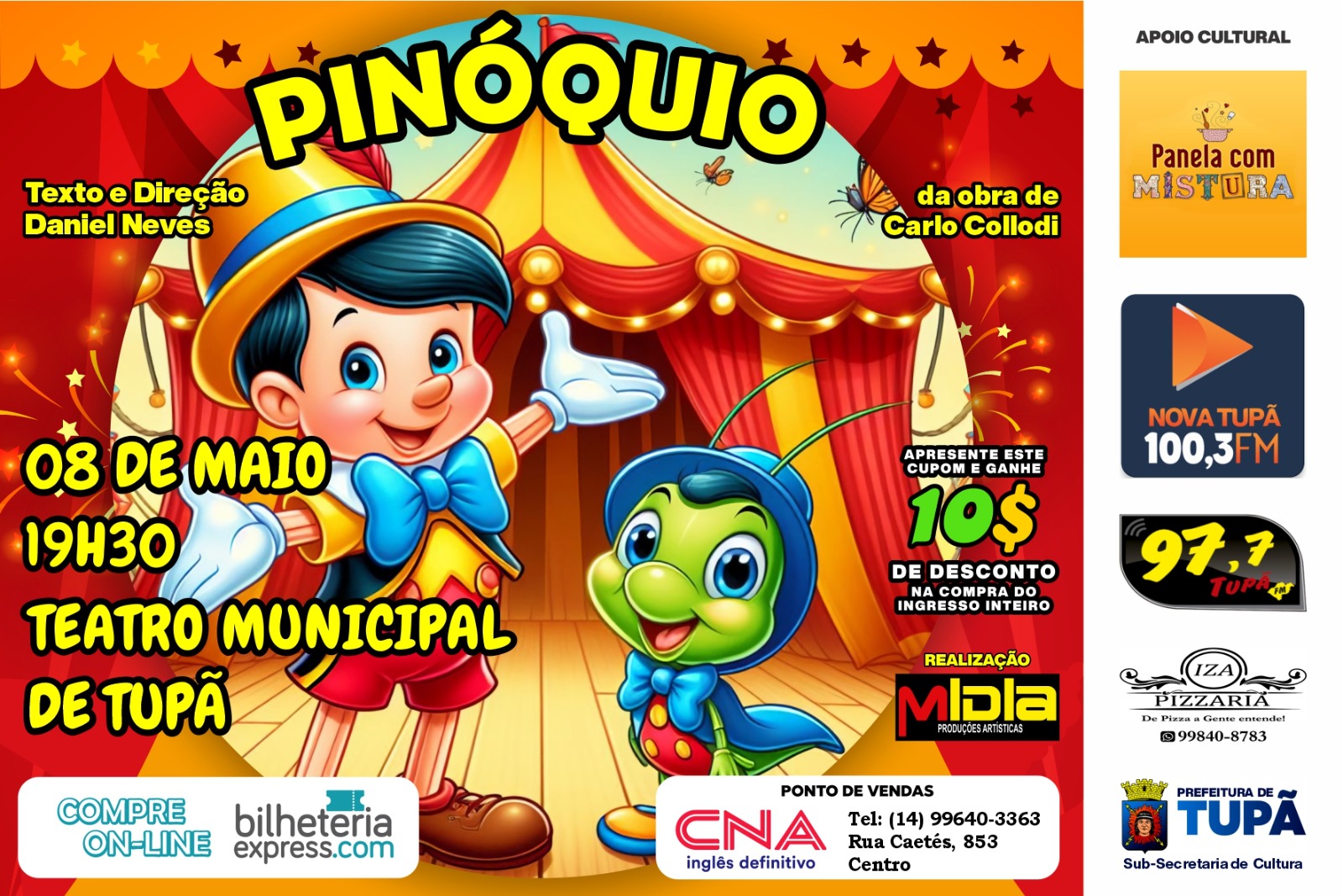 Tupã recebe espetáculo “Pinóquio” no dia 8 de maio